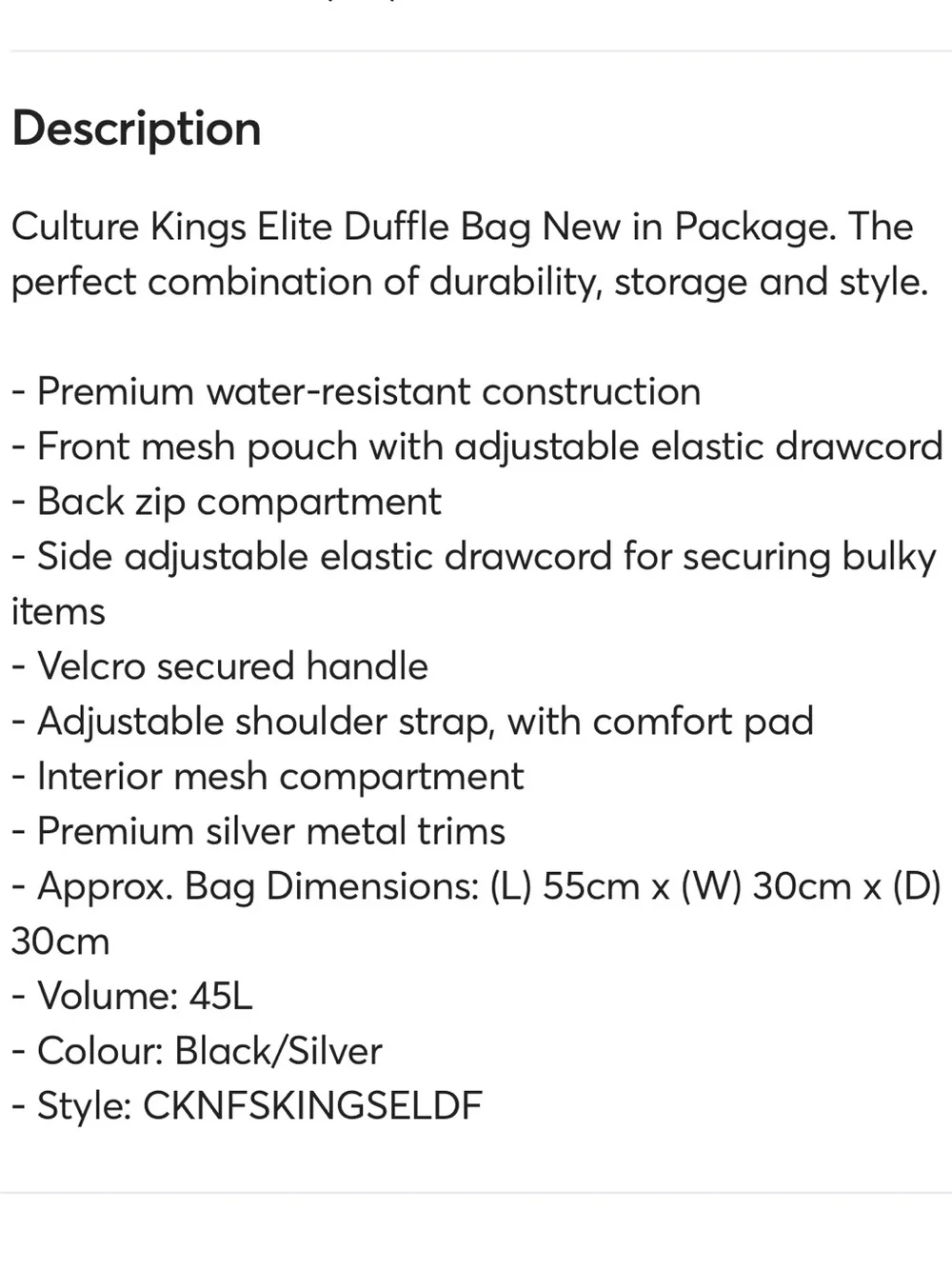 Culture Kings Duffel Bag